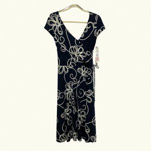 Vantage Maggy London Womens Black Ivory Dress V Neck Size 8 Faux Wrap NWT